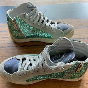 P448 Skate High Top Sparkle Teal Glitter Gold Metallic Sneakers - 37 - $325 NEW